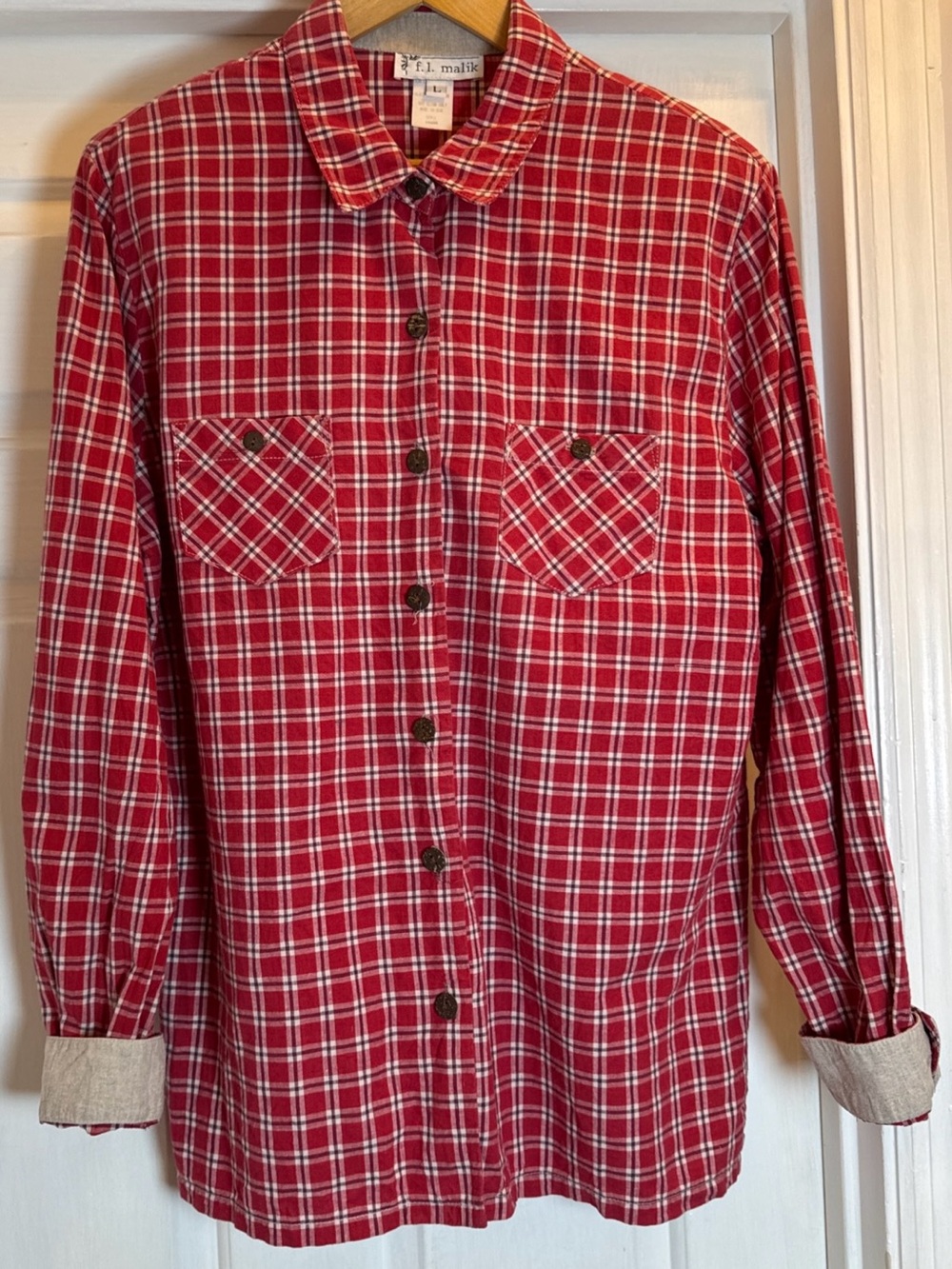 VTG F.L. Malik Red Plaid  Linen Blend Button Down Contrast Cuff Size Large